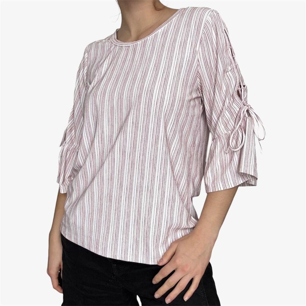 Lucky Brand boho white red striped lace up blouse - size small